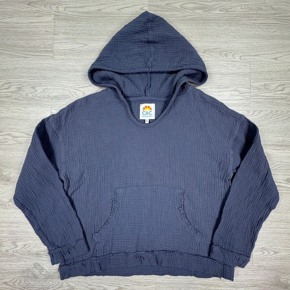 C&C California Women Hoodie Gauze Cotton Blue M Raw Hem‎ Long Sleeve Pullover